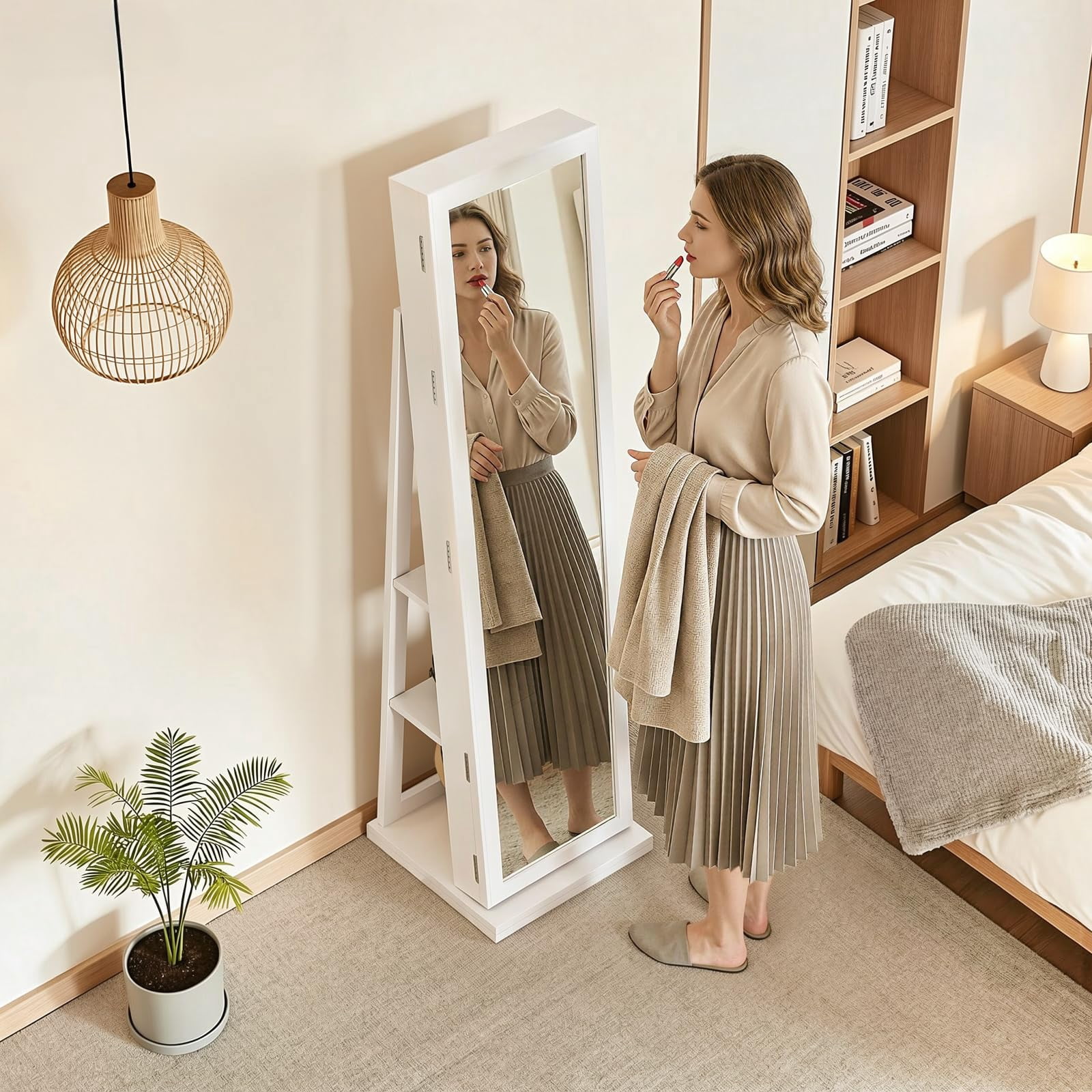 4 in 1 Jewelry Cabinet with Full-Length Mirror, 360° Swivel Jewelry Armoire Lockable Standing, Jewelry Organizer with Storage, Back Storage Shelves, Makeup Mirror, White
