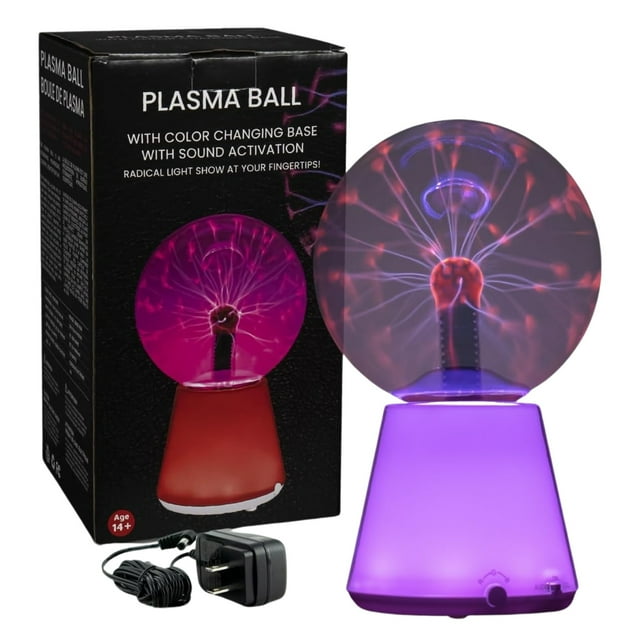 Tradeopia 6 inch plasma ball with a glowing purple color changing base, showing electric filaments inside the glass globe, displayed alongside its black retail box and power adapter.