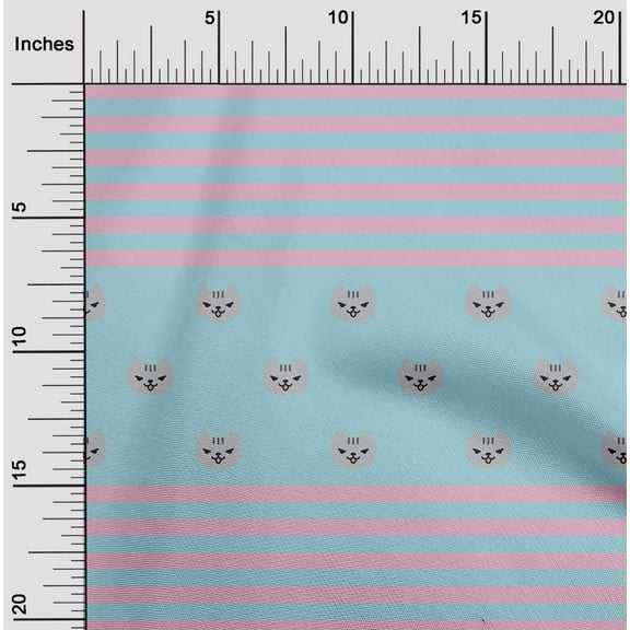 oneOone Organic Cotton Poplin Twill Fabric Stripe & Cat Face Animal Print Fabric BTY 42 Inch Wide