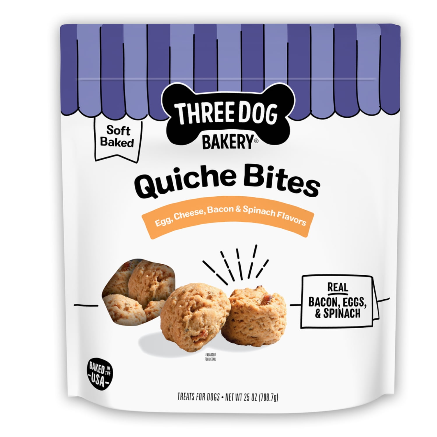 Three Dog Bakery Quiche Bites, Egg, Bacon, Cheese and Spinach Flavored Soft Baked Dog Treats, 25 oz.
