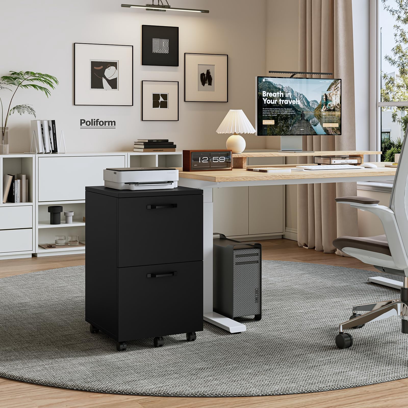 2 Drawer Rolling Filing Cabinet White Wood with Lockable Wheels Printer Stand Under Desk Storage Home Office Organizer