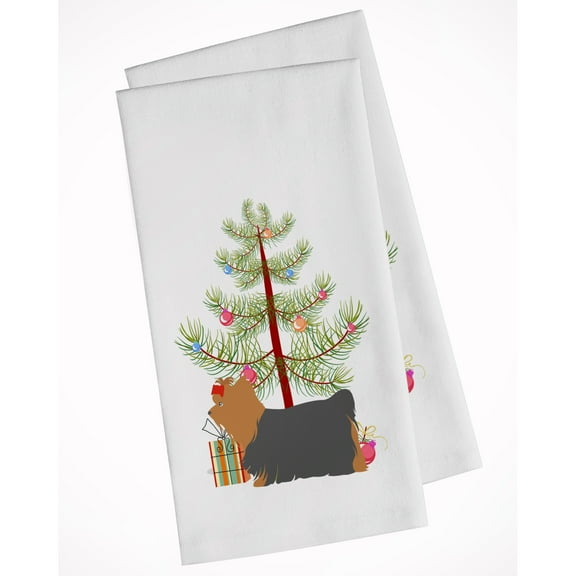 Yorkshire Terrier Yorkie Merry Christmas Tree White Kitchen Towel Set of 2 Dish Towels