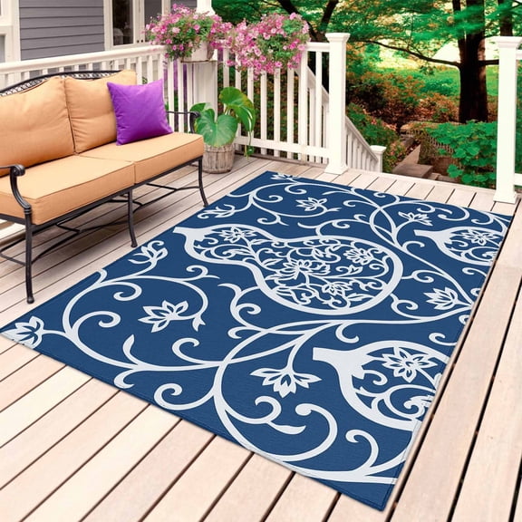 Navy Blue Gourd Outdoor Rug 4x6 Ft, Non Slip Washable Area Rug, Modern Abstract Art Floral Patio Rugs Carpet Runner, Large Floor Mat for Indoor/Outdoor Deck Porch Camping