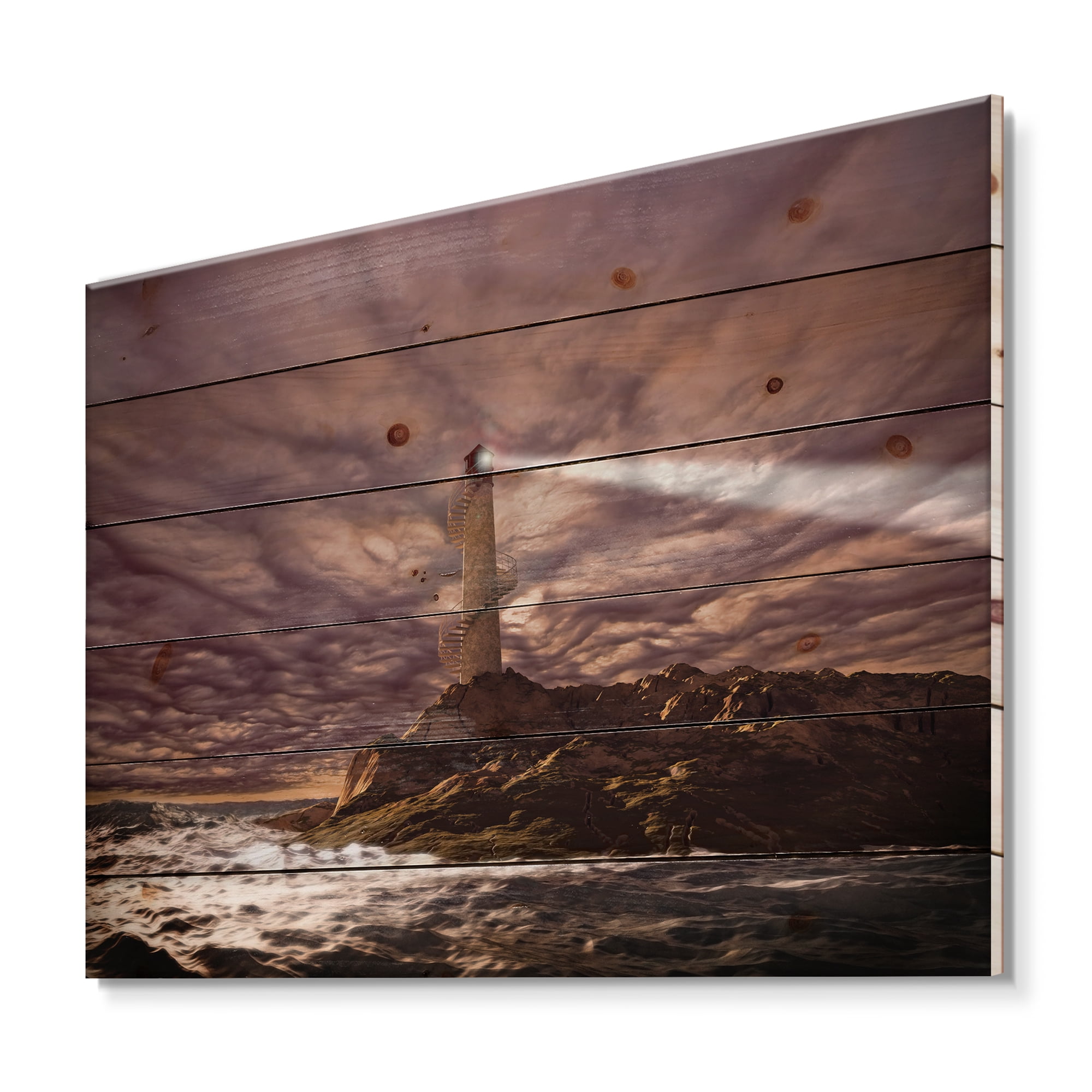 Designart 'Lighthouse Shining Light During Stormy Clouds Night I' Nautical & Coastal Print on Natural Pine Wood