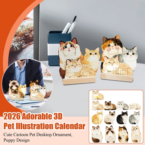 Cat Desk Calendar 2026-12 Two-Sided Planning Pages with Wood Stand, Kitten Monthly Desk Calendar, Distinctive Cat Life Desktop Calendar
