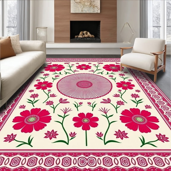 ODIKA 4'x6' Machine Washable Non-Slip Area Rug, Cabana Floral Medallion Vintage Botanical Garden High Traffic Rug, Pink, 663158