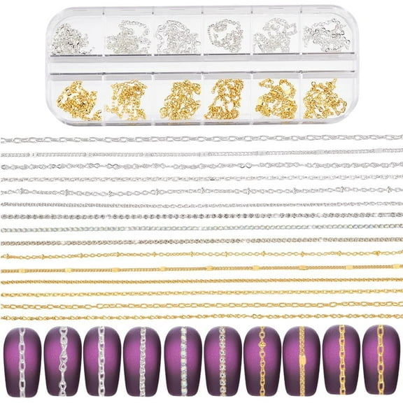 15 Styles Nail Chains Set Nail Jewellery Chians 45 inch Metal Nail Chain Charms Punk Style Nail Accessories Diamond Chain for Nail Art Decorations Nail Ornaments Stud DIY Golden/Silver