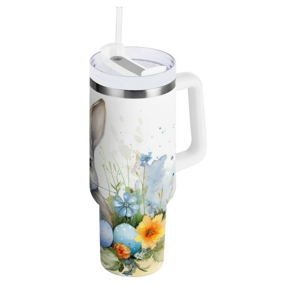 JSTEL Easter Bunny Rabbit 30 oz Tumbler Stainless Steel Water Bottle Vacuum Insulated Cup with Straw Lid & Handle For Travel Car Cup Holder