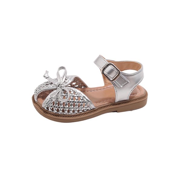 ZACPNCV Girls Woven Sandals Closed Toe Bow Flat Beach Casual Summer Shoes
