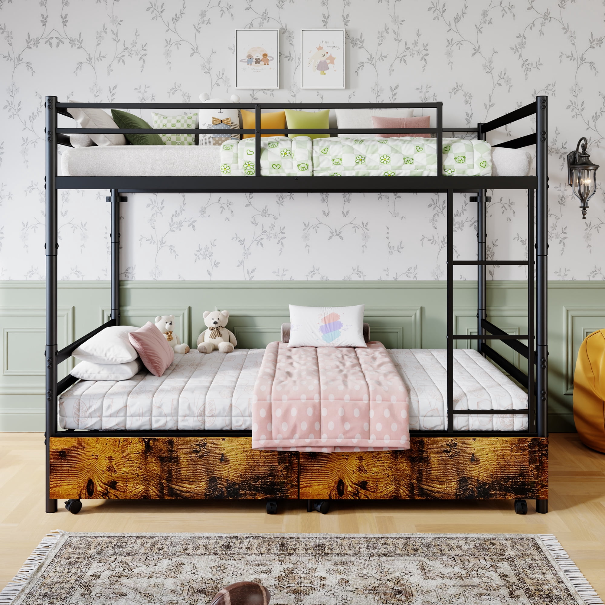Leumius Twin Over Twin Metal Bunk Bed Frame with 2 Storage Drawers on Wheels, Heavy Duty Bunk Bed with Full-Length Guardrail & Side Ladder, No Box Spring Needed,Black