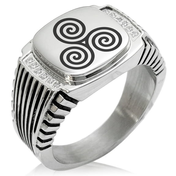 Stainless Steel Celtic Triskele Triskelion Triple Spiral CZ Ribbed Needle Stripe Pattern Biker Style Polished Ring