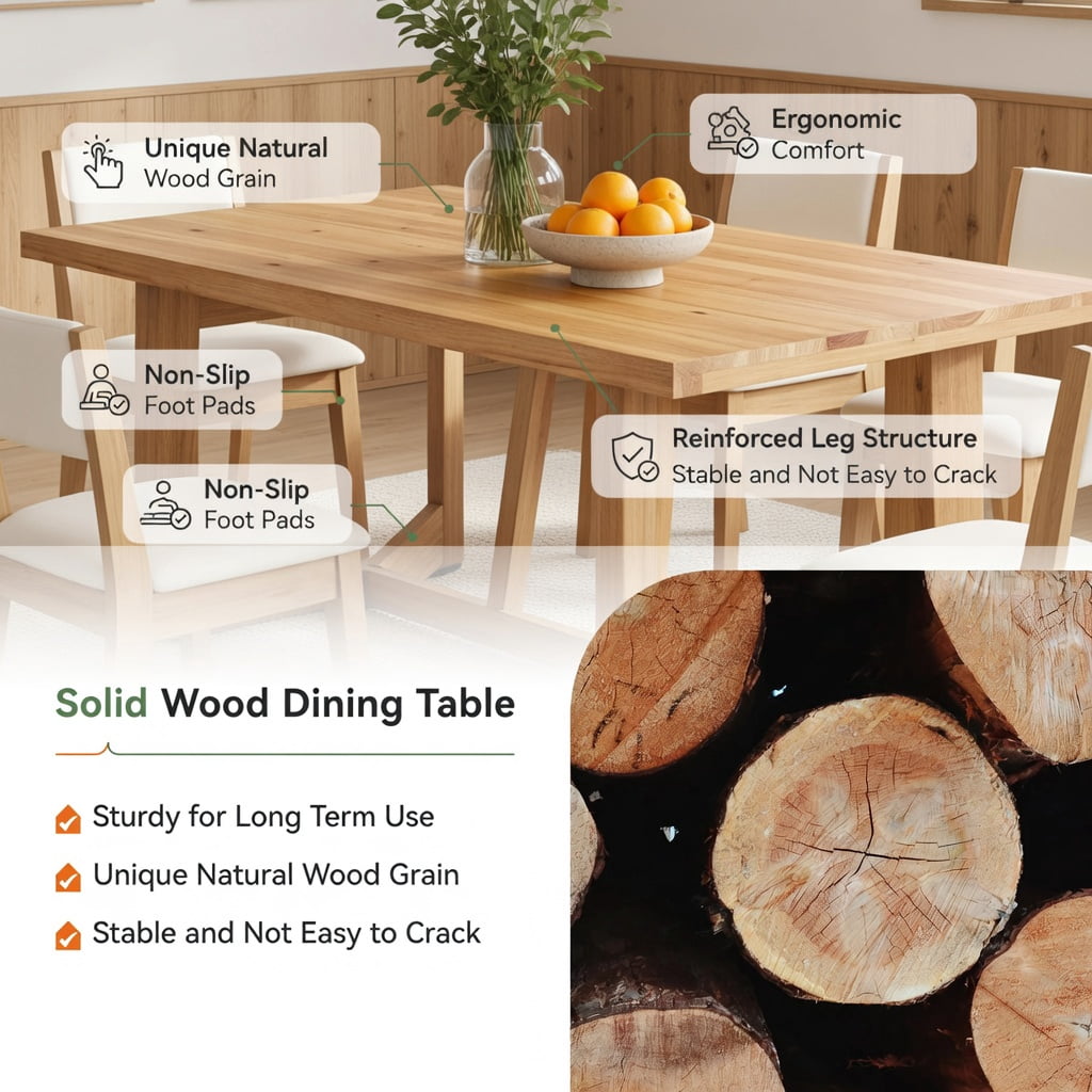 Hommoo 63 Inch Solid Wood Rectangular Dining Table for 4-6 People, Farmhouse Kitchen & Dining Room Table with A-Frame Trestle Base, Natural