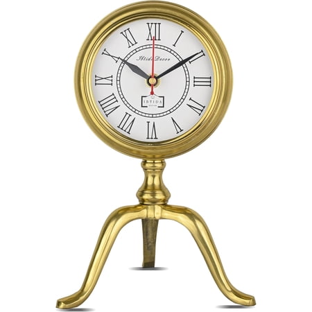 Golden Tripod Table Clock – Vintage Roman Numerals Desk Clock | Silent Quartz Movement | Luxury Decorative Metal Table Clock for Home & Office (Large)