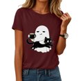 thumbnail image 2 of COMVALUE Ghost Cat Mug Illustration Wear T Shirt, Cute Cartoon Ghost Cat Graphic Shirt, Trick Treat Party Tee (Wine, 3XL), 2 of 9