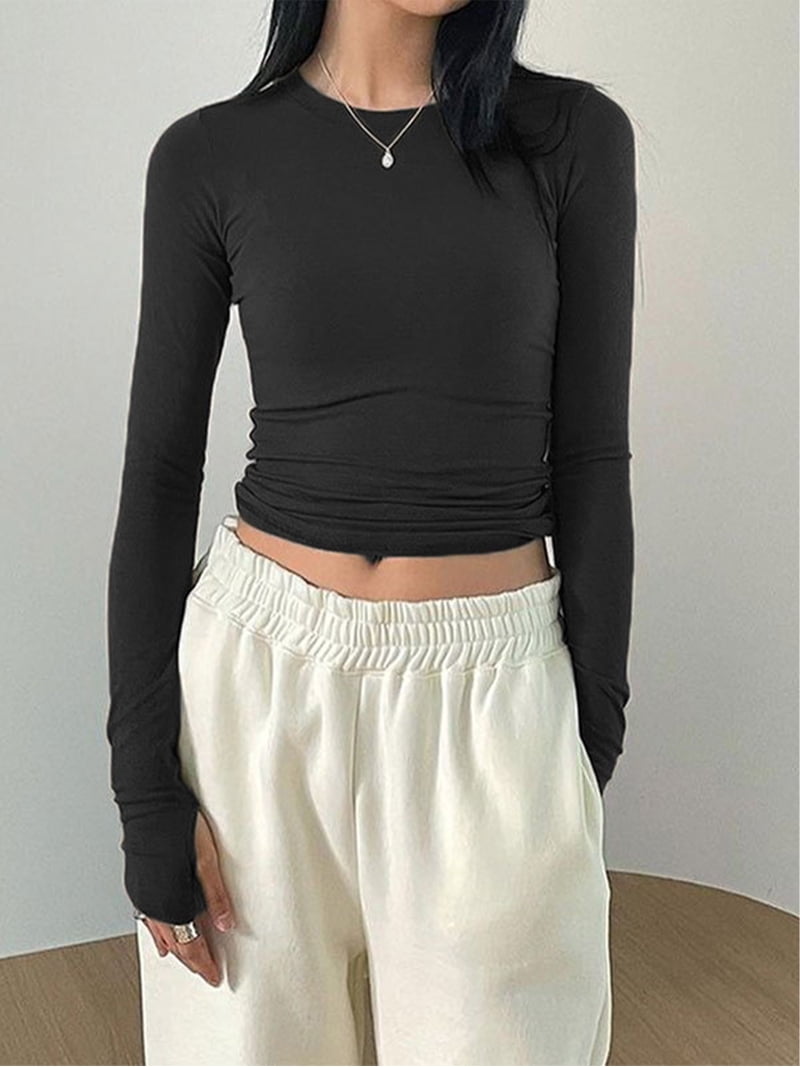 Arvbitana Women's Thumb Hole Shirt Solid Color Long Sleeve Slim