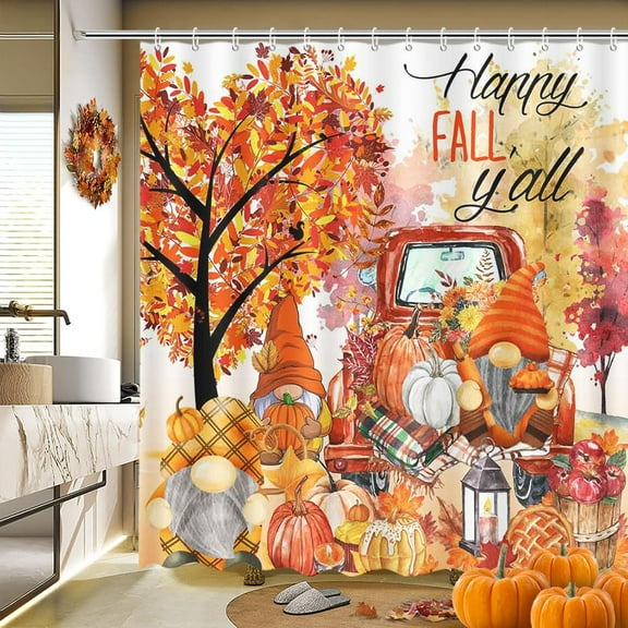 Fall Gnome Shower Curtain Happy Fall Y''all Red Truck Maple Tree Leaves Pumpkins Shower Curtain for Bathroom Autumn Thanksgiving Harvest Fruits Home Bathtub Decor Waterproof Fabric 72x72 Inch