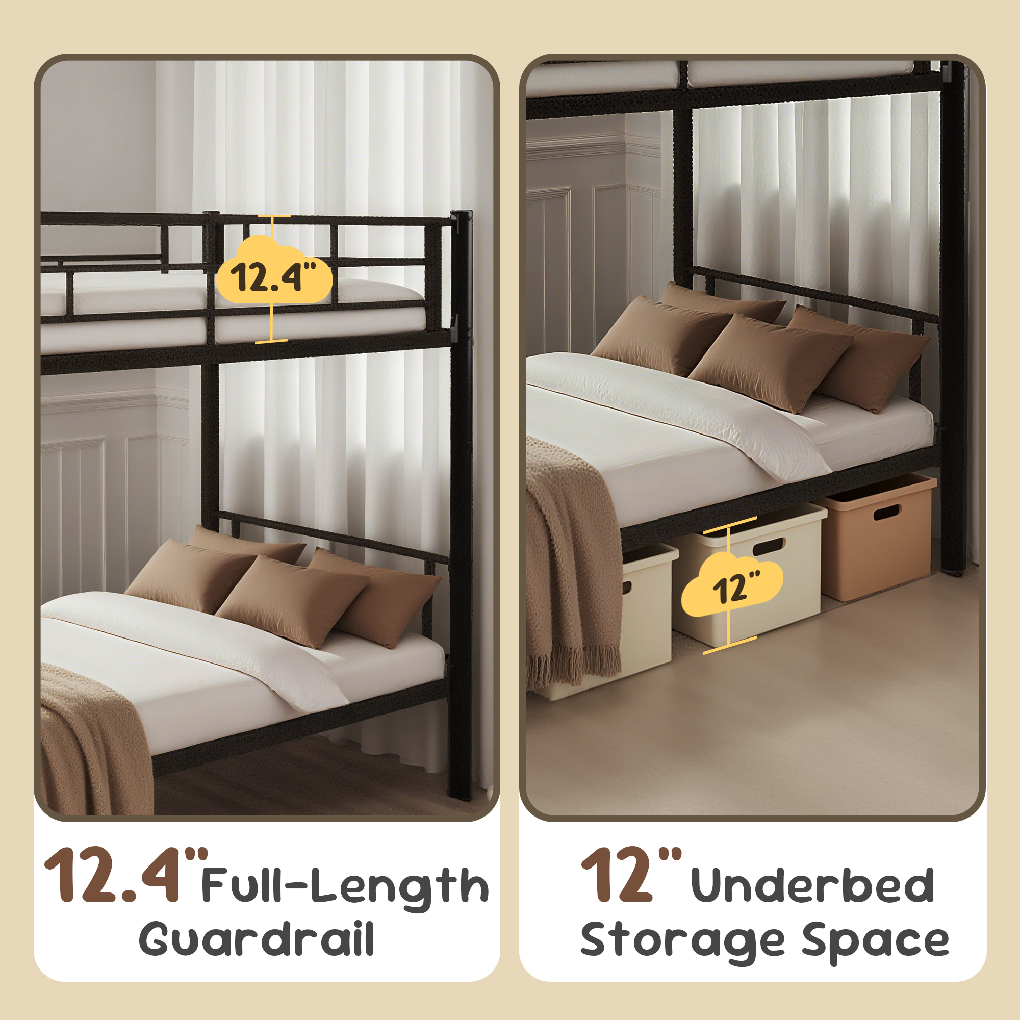 Alvantor Metal Bunk Bed Twin over Twin for Kids, Convertible 2 Beds, Heavy Duty Bed Frame with Under-Bed Storage for Bedroom Black