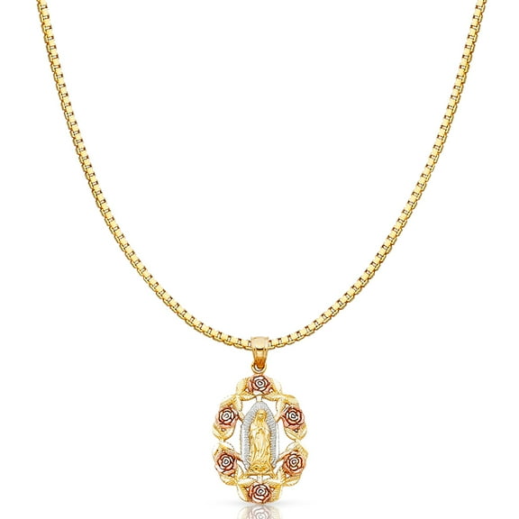 14K Tri Color Gold Religious Our Lady of Guadalupe Charm Pendant with 1mm Box Chain Necklace