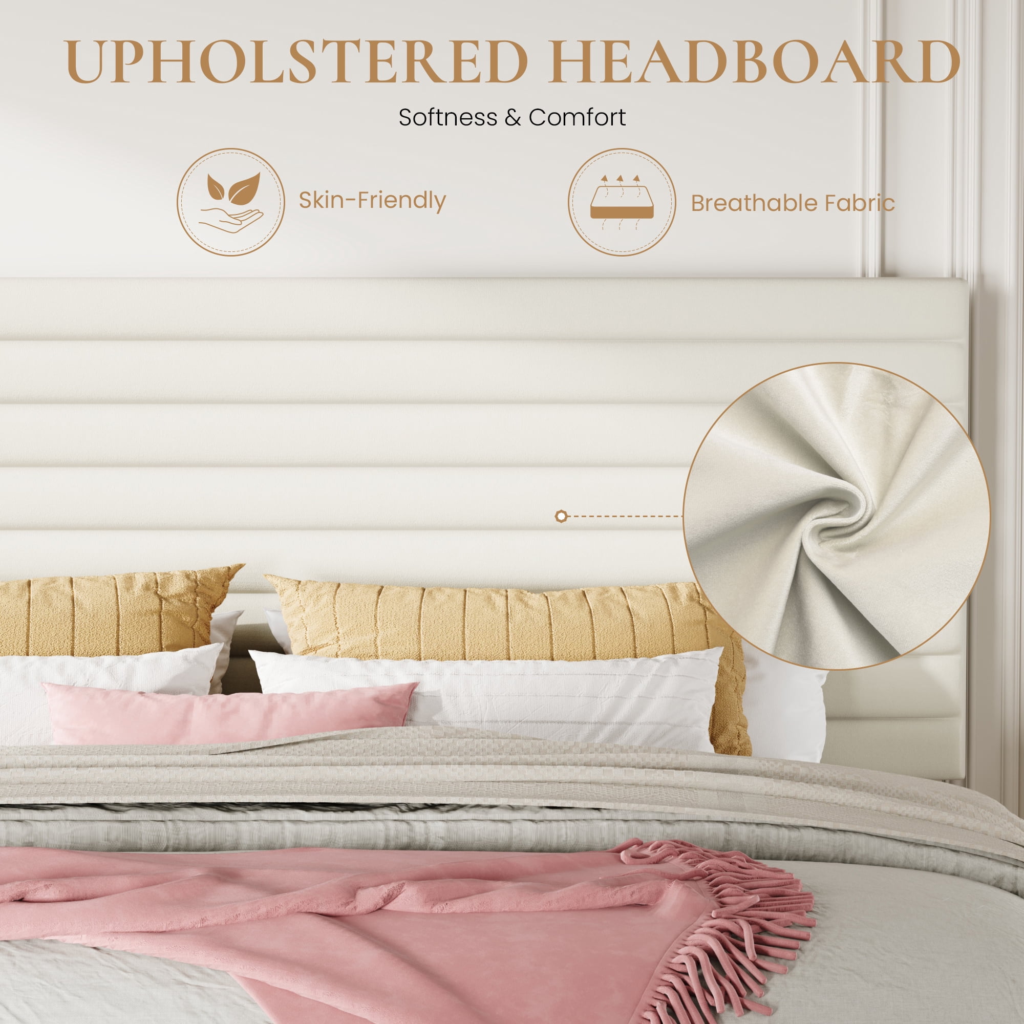 Sha Cerlin King Size Platform Bed Frame with Velvet Adjustable Headboard, No Box Spring Needed, Cream White