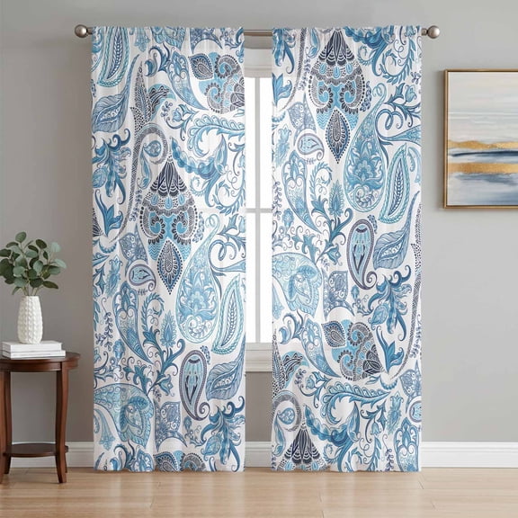 Blue Paisley Sheer Curtains 84 Inch Length 2 Panels Set, Ethnic Abstract Art Vintage Voile Window Treatment Rod Pocket Curtains Sheers Drapes for Bedroom/Living Room/Kitchen 52"x84"x2