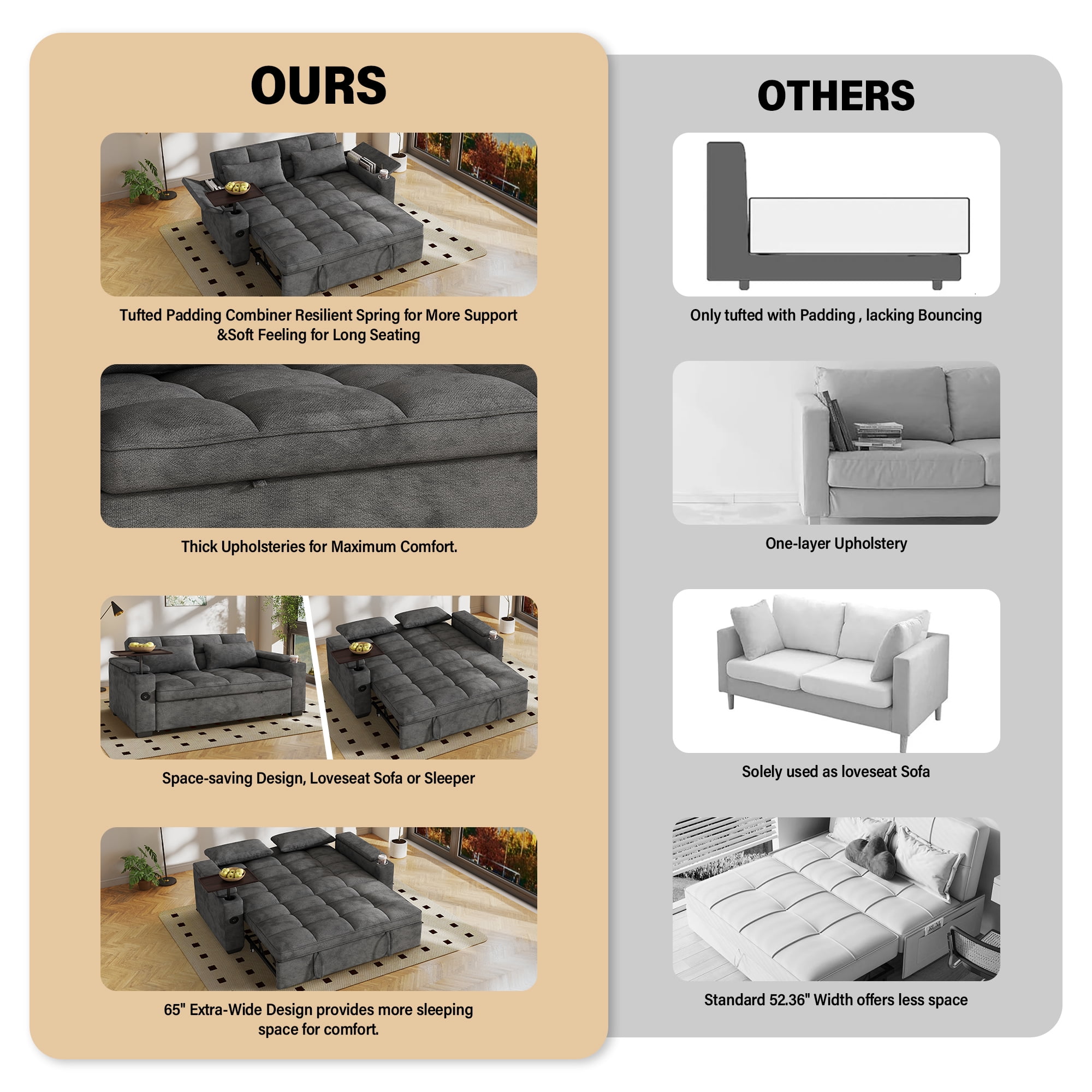 Aukfa 65"W Convertible 3-in-1 Sofa Bed with Storage, Queen Chenille Sleeper Couch with USB/Type-C Ports & Rotating Side Table,Gray