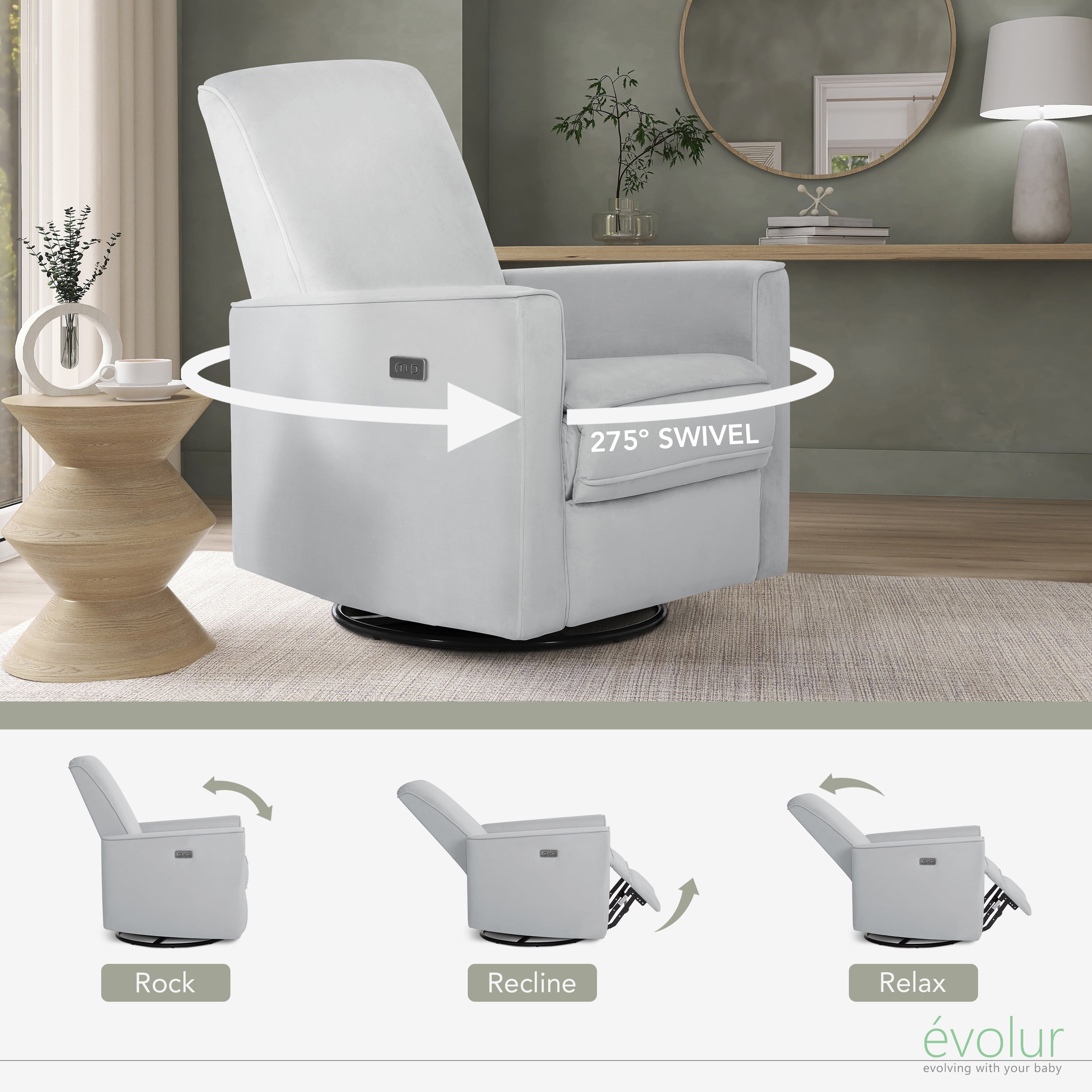 Evolur Harlow Deluxe Upholstered Plush Seating Glider Swivel, Power Recliner with USB Port, Greenguard Gold Certified, Glider Chair for Nursery, Mystic Gray