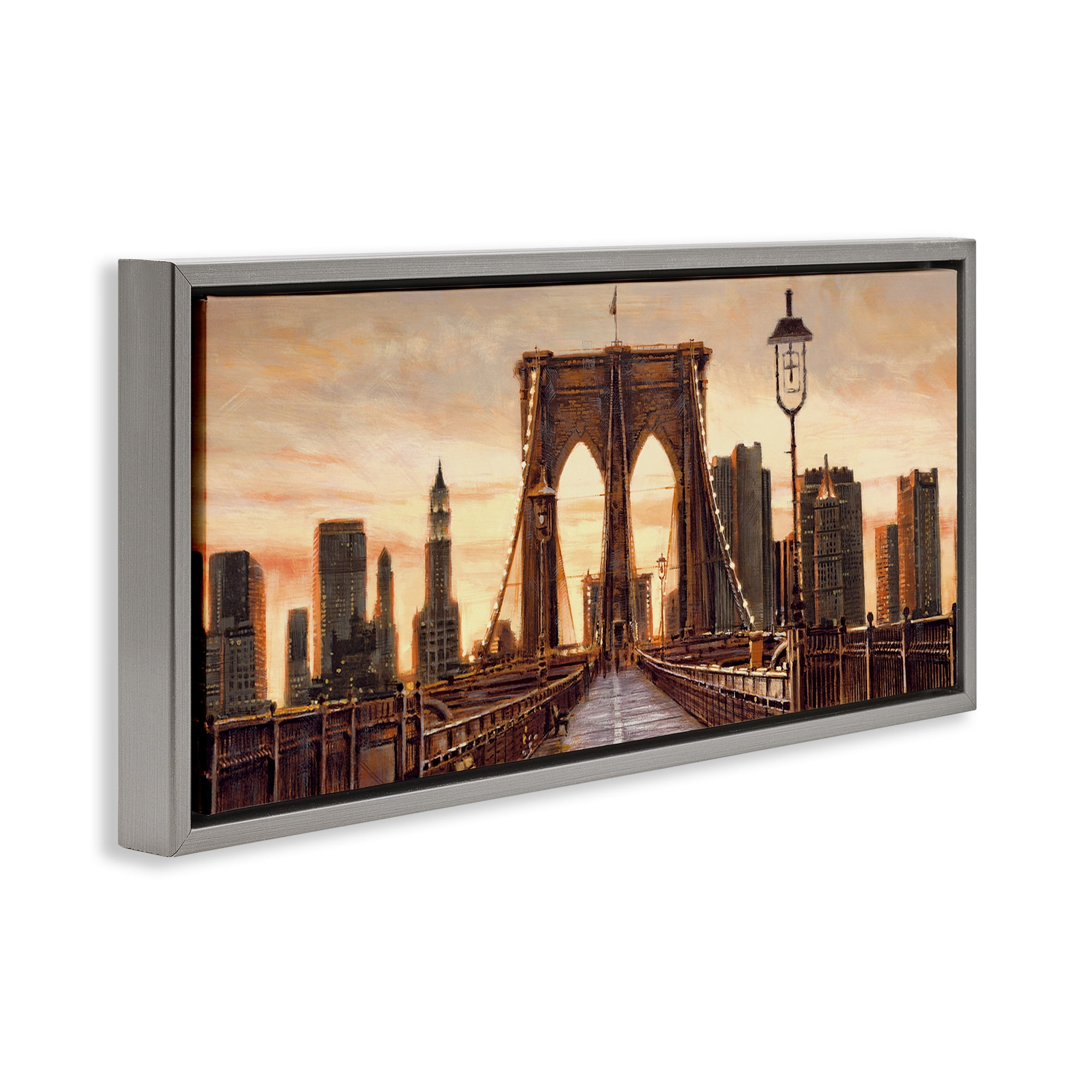 Stupell Industries City Bridge View Scenery Painting Gray Floater Framed Art Print Wall Art, 31 x 14