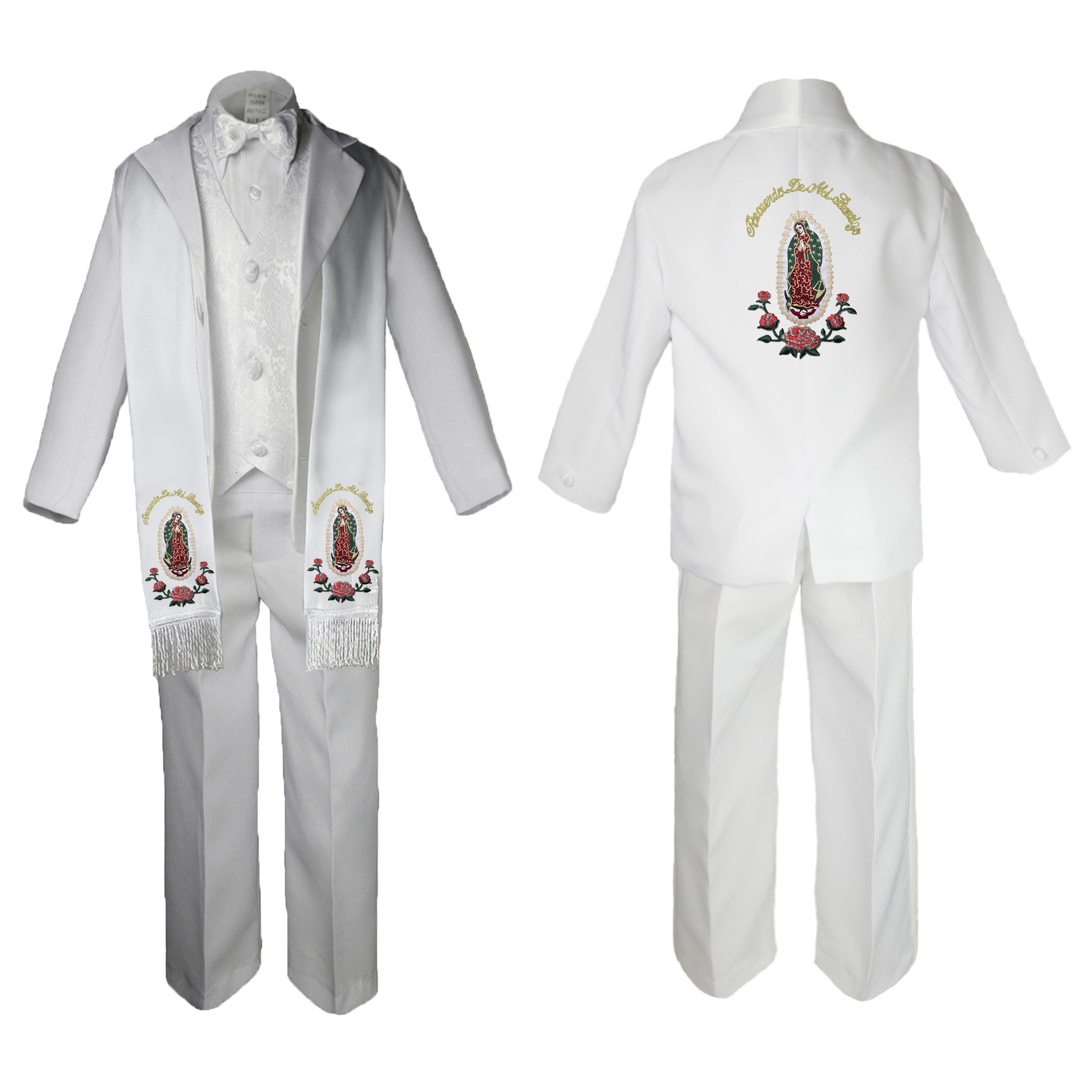 New Born Baby Boy Christening Baptism Formal White Paisley Suit Silver Mary on Stole & Back SM-20