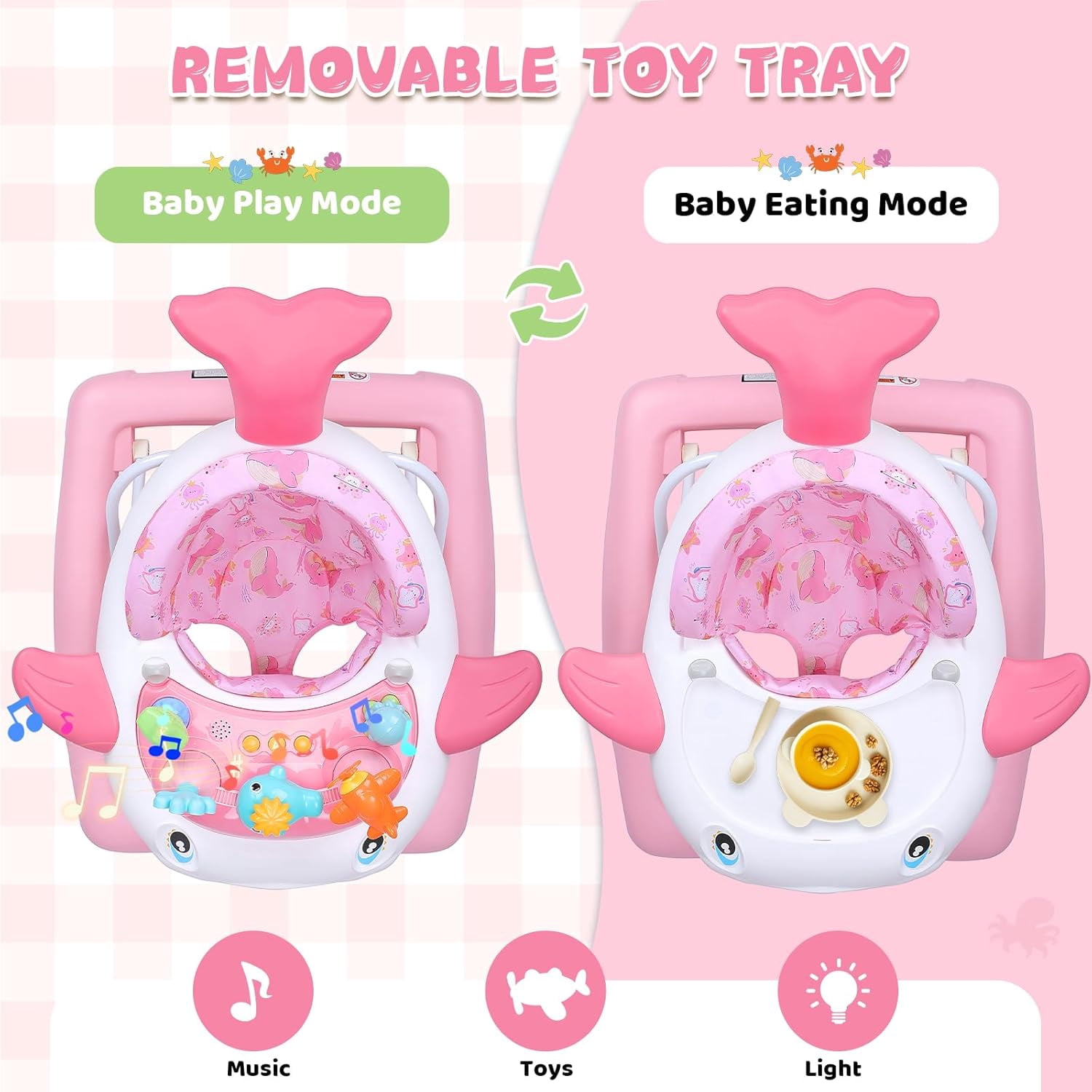 PRVAETU Baby Walker & Activity Center W/ Music & Lights,3 Adjustable Height, Anti-Rollover & Foldable for Infant Boy and Girl 6-18 Months,Pink Print
