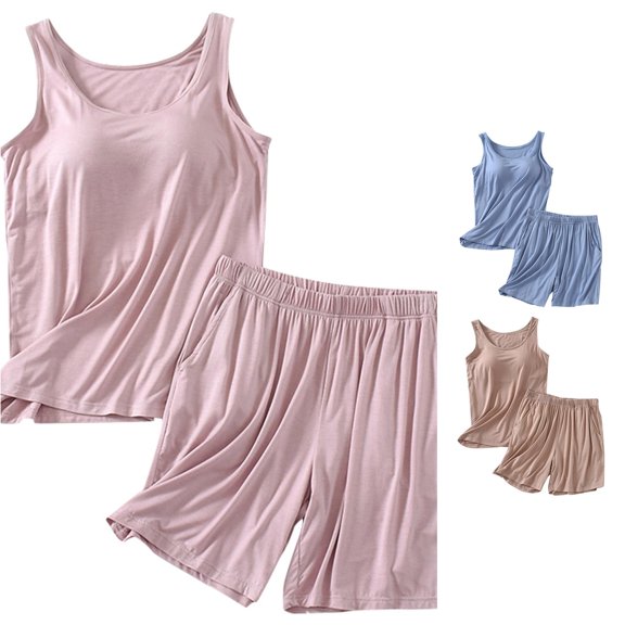 Tanghaowl Short Sets for Women, Women's Shorts Suit Pajamas Two Piece Loungewear Casual Tank Top Sleepwear PJ Set With Built In Bra Pink XL