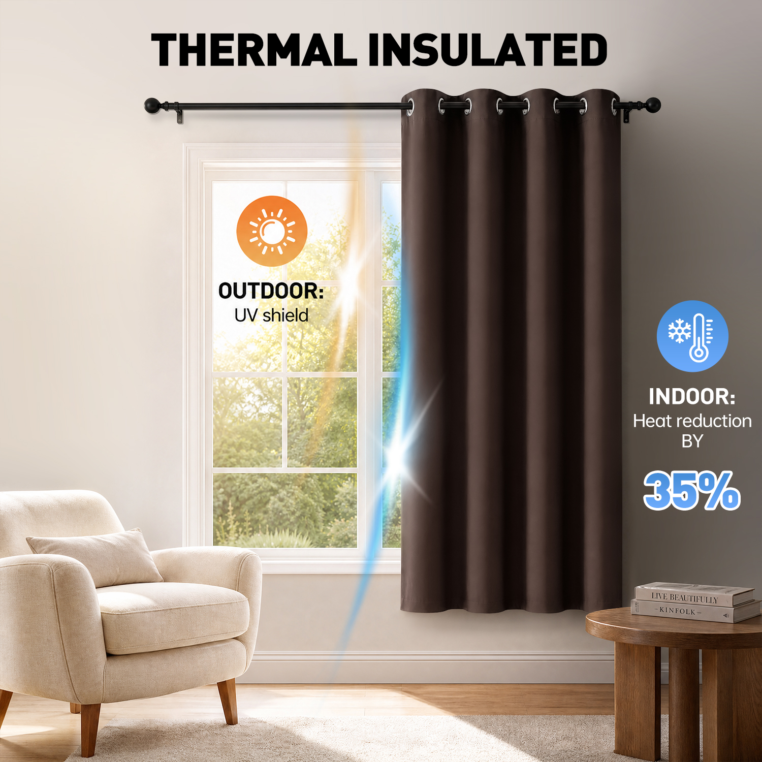 Cshidworld Blackout Curtains, 52"x72", Set of 2, Thermal Insulated, Brown photo 2
