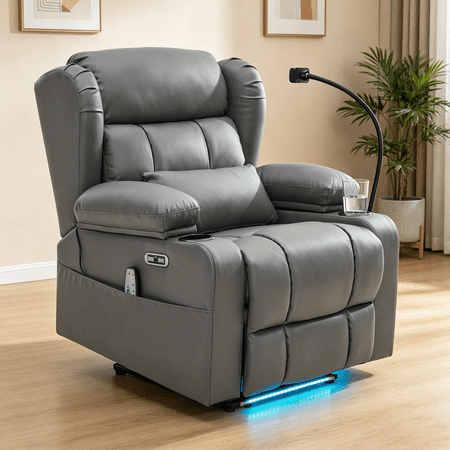 Power Recliner Sofa with 8-Point Massage, Lumbar Heating, LED Strip Light, Cup Holder, Side Pocket, Phone Holder, Reclining Loveseat for Home Theater, Faux Leather, Gray