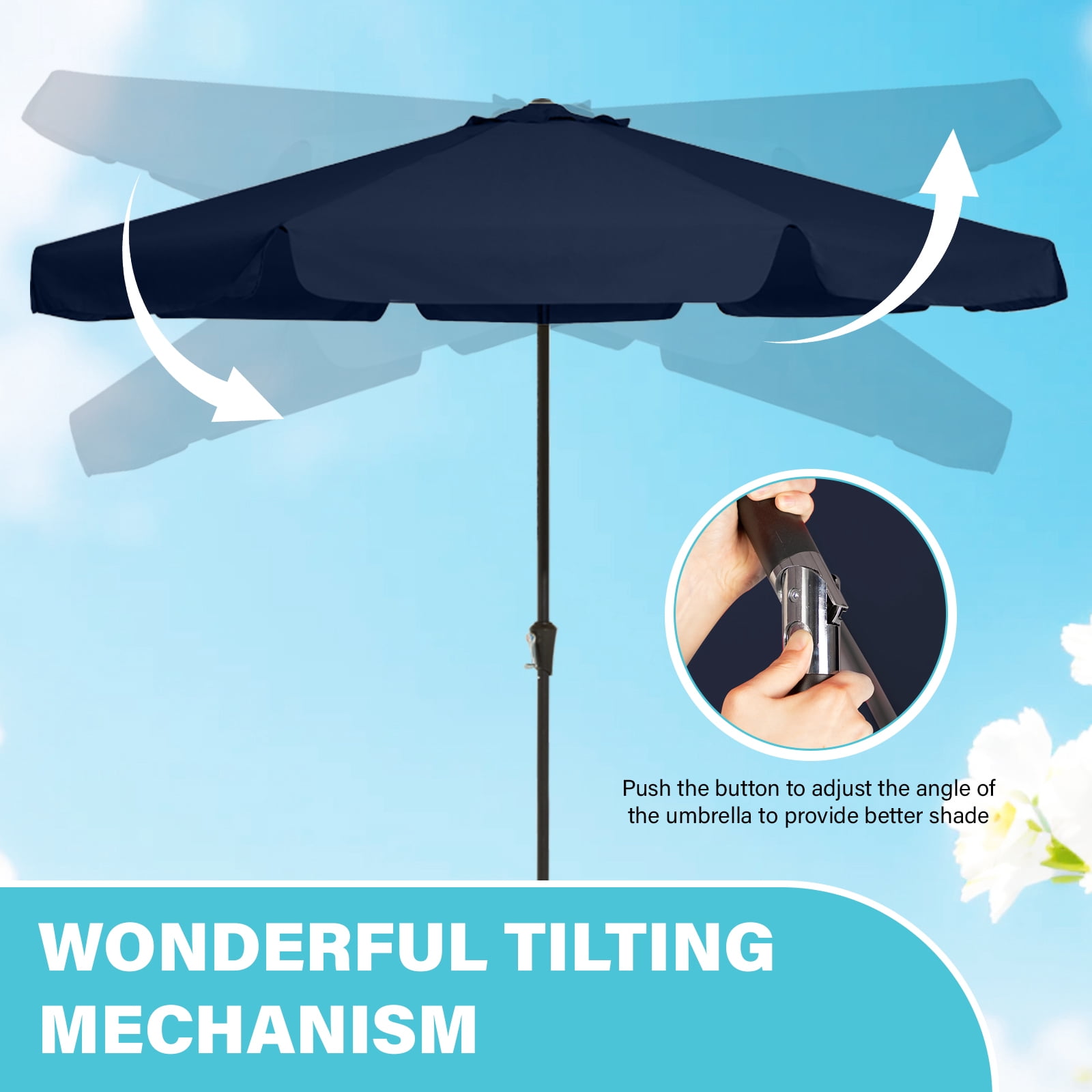 FUNDAZE 9ft Outdoor Patio Umbrella with Tilt & Crank, Heavy Duty Round Sun Umbrella for Garden, Poolside, Deck, Backyard，Navy Blue