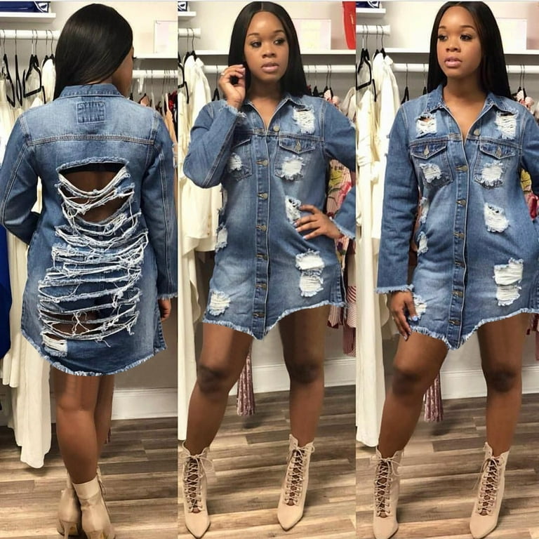 Women Vintage Lapel Button Down Long Sleeve Pocket Distressed Hole