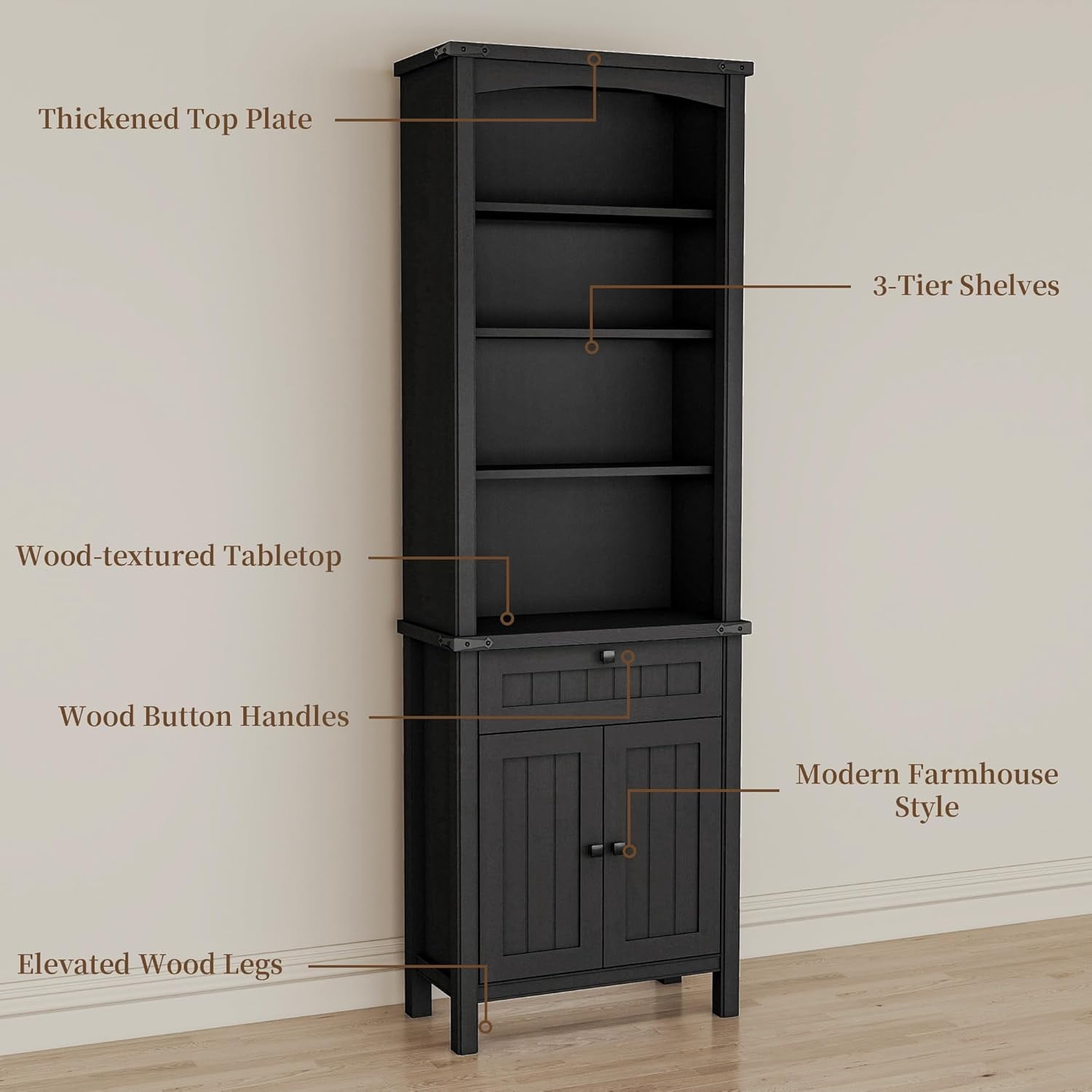FIAKOA Rustic Bookshelves Set of 2, 71" Tall Wood Bookcase with Adjustable Shelves, 2 Cabinet Doors and Drawers, Farmhouse Display Storage for Living Room or Office(Black)