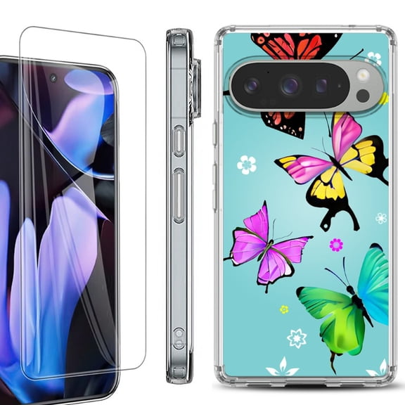 For Google Pixel 9 Pro XL Phone Case Cover, Shockproof Bumper Case with Tempered Glass Screen Protector, by OneToughShield - Butterfly