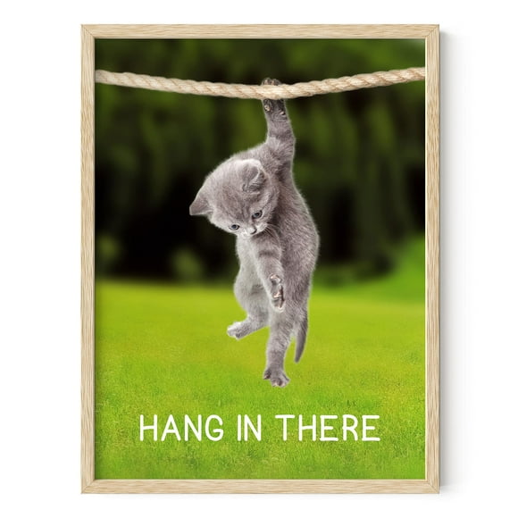 HAUS AND HUES Hang in There Cat Poster - Funny Cat Wall Art Cute Posters Motivational Art Print Inspirational Posters Hang in There Poster Beige Framed 12" x 16"