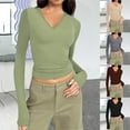 thumbnail image 6 of Solid Color V Neck Bottoming Shirts for Womens Basic Long Sleeve Stretchy Cropped Primer Shirt Y2k Skinny Sweat T Shirts Basic Tops Black,XL, 6 of 6