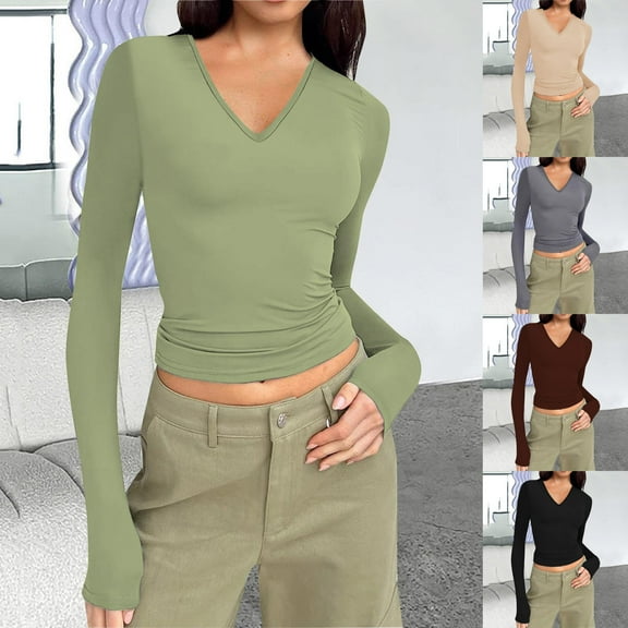 YANHAIGONG Womens Winter Underwear Tops Casual Long Sleeve Tunic V-Neck Slim Fit T Shirts Basic Tee Tops Crew Neck Ribbed Knit Solid Shirt Winter Underwear for Women Thermal