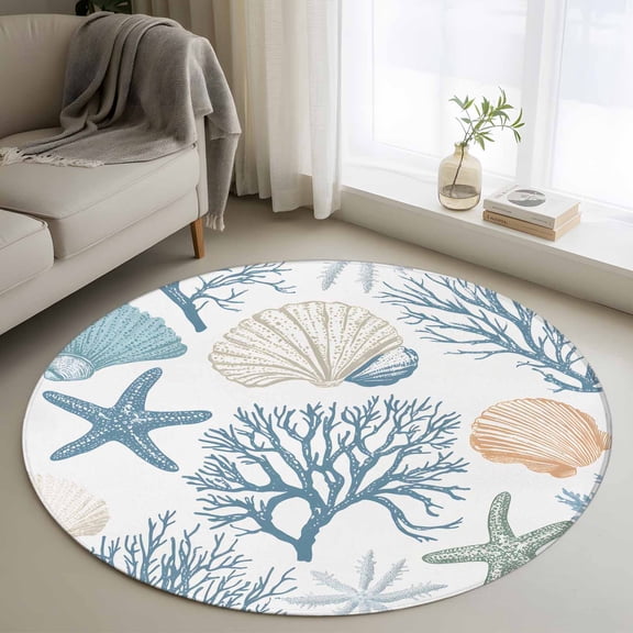 Blue Coastal Round Area Rug 4 FT, Non Slip Indoor Outdoor Rug, Nautical Coral Beach Starfish Washable Soft Circular Carpet Non-Shedding Floor Mat for Coffee Table Nursery Foyer Balcony