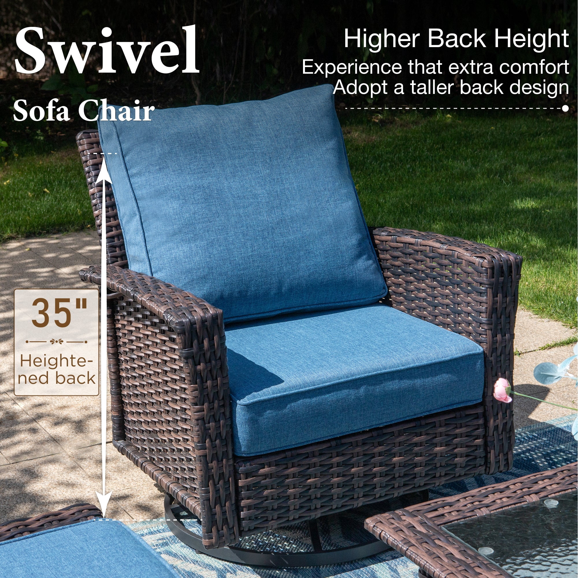 SUMMIT LIVING 7-Seat Patio Furniture Set with 56" Gas Fire Pit Table (50,000 BTU), Wicker Sectional Outdoor Conversation Set with Swivels Chairs, Navy blue