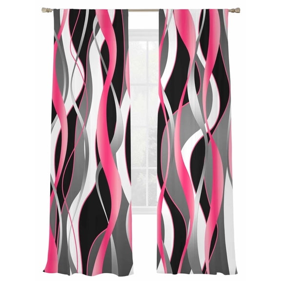 Pink Gray Stripes Sheer Curtains 108 Inch Long 2 Panels, Abstract Art Modern Geometric Curve Light Filtering Rod Pocket Semi Sheer Curtains, Sheer Voile Drapes for Living Room Bedroom, 52"x108"