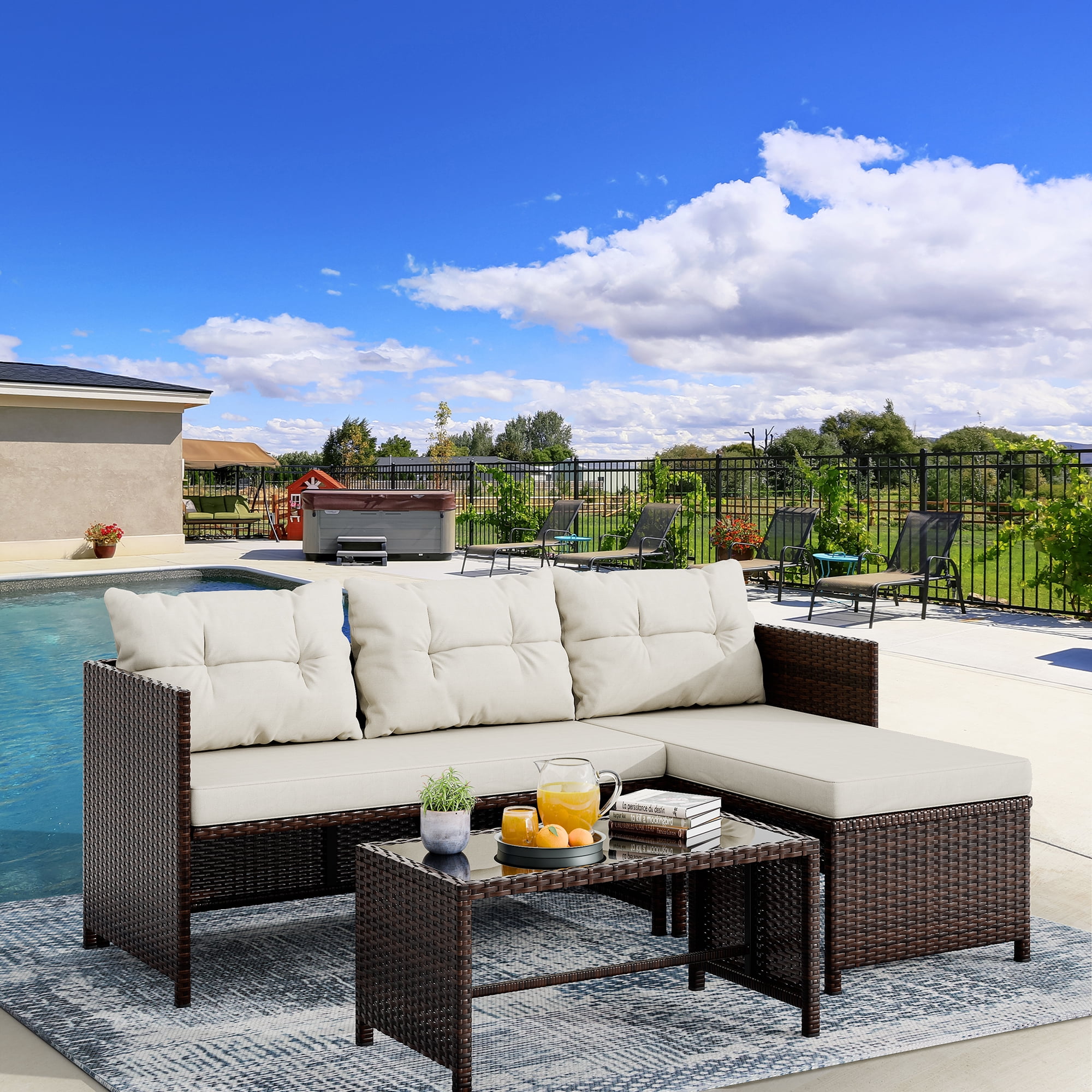 Walsunny 3 Pieces Patio Furniture Sectional Set, All-Weather Wicker Rattan Outdoor Furniture Set with Cushion and Glass Coffee Table, Patio Conversation Set for Garden, Backyard, Pool,Beige