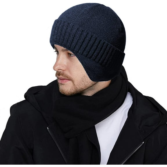 Muryobao Men's Knit Cuffed Beanie Warm Winter Fleece Lined Earflaps Hat Soft Acrylic Beanie Ski Skull Cap Navy Blue