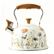 HIBIBUD 2.7 Quart Whistling Tea Kettle For Stove Top, Stainless Steel Floral Water Boiler With Wood Pattern Folding Handle, Compatible With Gas Induction Electric