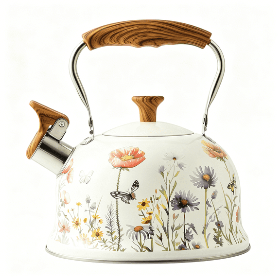 HIBIBUD 2.7 Quart Whistling Tea Kettle For Stove Top, Stainless Steel Floral Water Boiler With Wood Pattern Folding Handle, Compatible With Gas Induction Electric