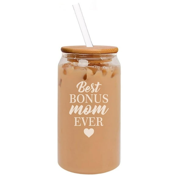 16oz Can Shaped Glass Iced Coffee Cup with Bamboo Lid and Straw Gift Best Bonus Mom Ever Step Mom Mother