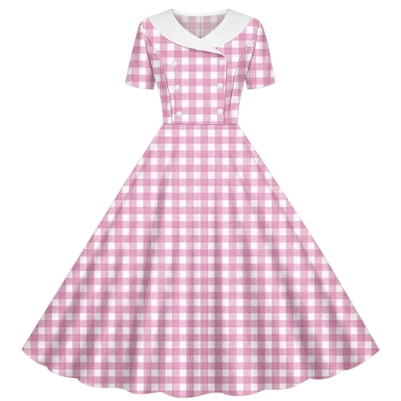 PBFRDSJ Elegant Dresses for Women 1950s Retro Plaid 1/4 Sleeve Flowy Midi Dress Peter Pan Collar A Line Beach Sundress
