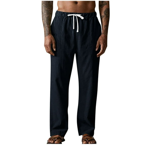 Dagegui Under $15 Mens Cotton Linen Pants Elastic Waist Drawstring Straight Leg Trouser Casual Loose Summer Beach Pant with Pocket Navy,S