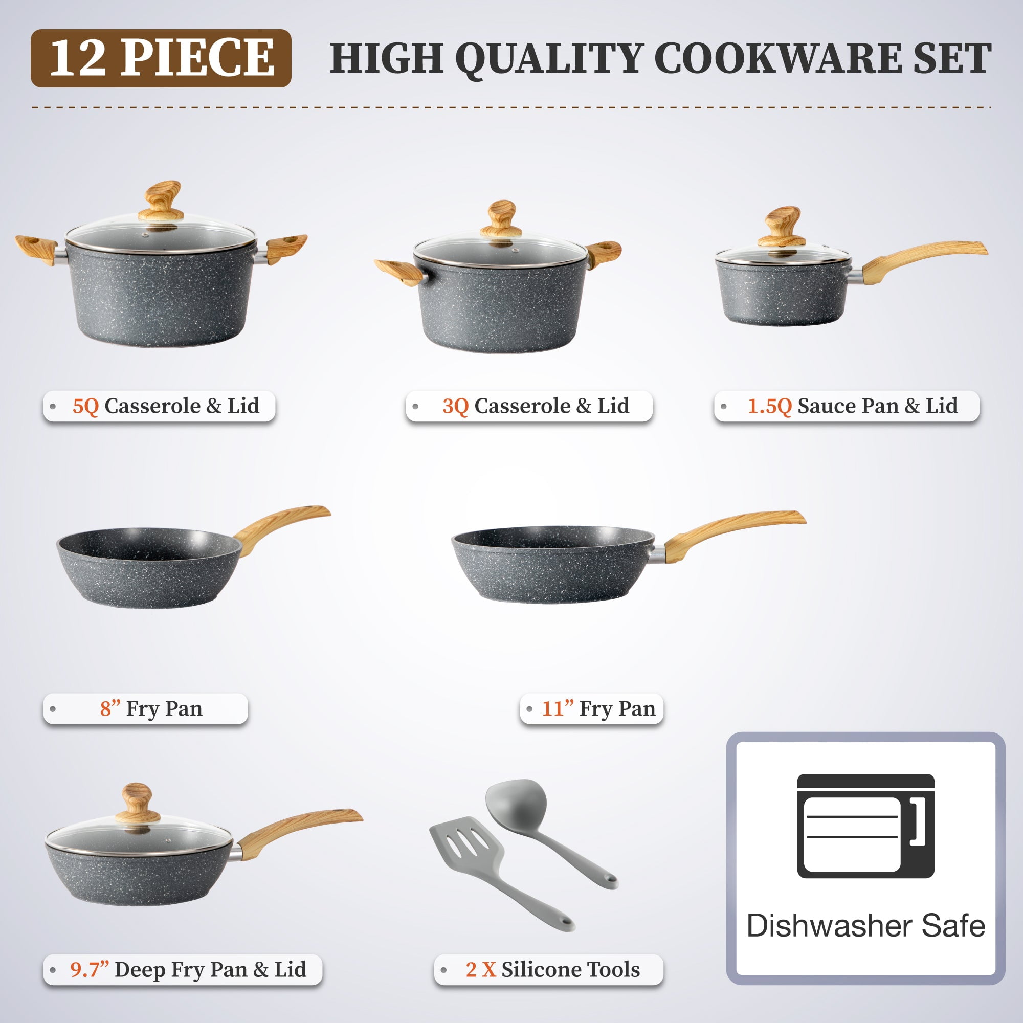 Sophia & William 12 Pieces Kitchen Nonstick Granite-Coated Cookware Set - Bgrey
